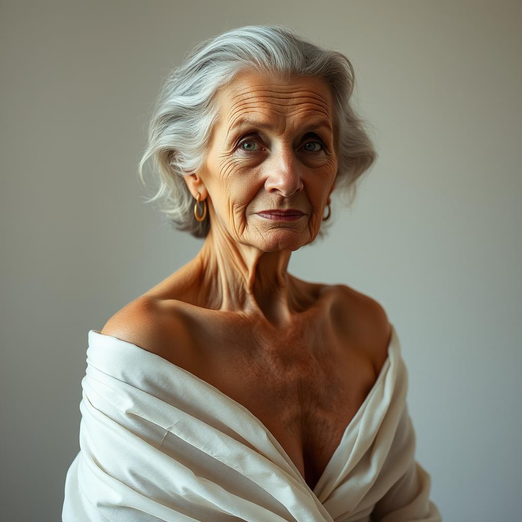 A gracefully aged, elegant elderly woman posing nude, enveloped in soft, flowing drapery that hints at classic art styles