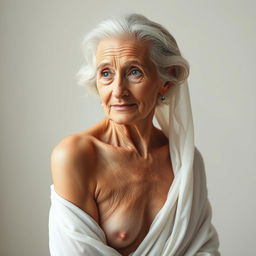 A gracefully aged, elegant elderly woman posing nude, enveloped in soft, flowing drapery that hints at classic art styles