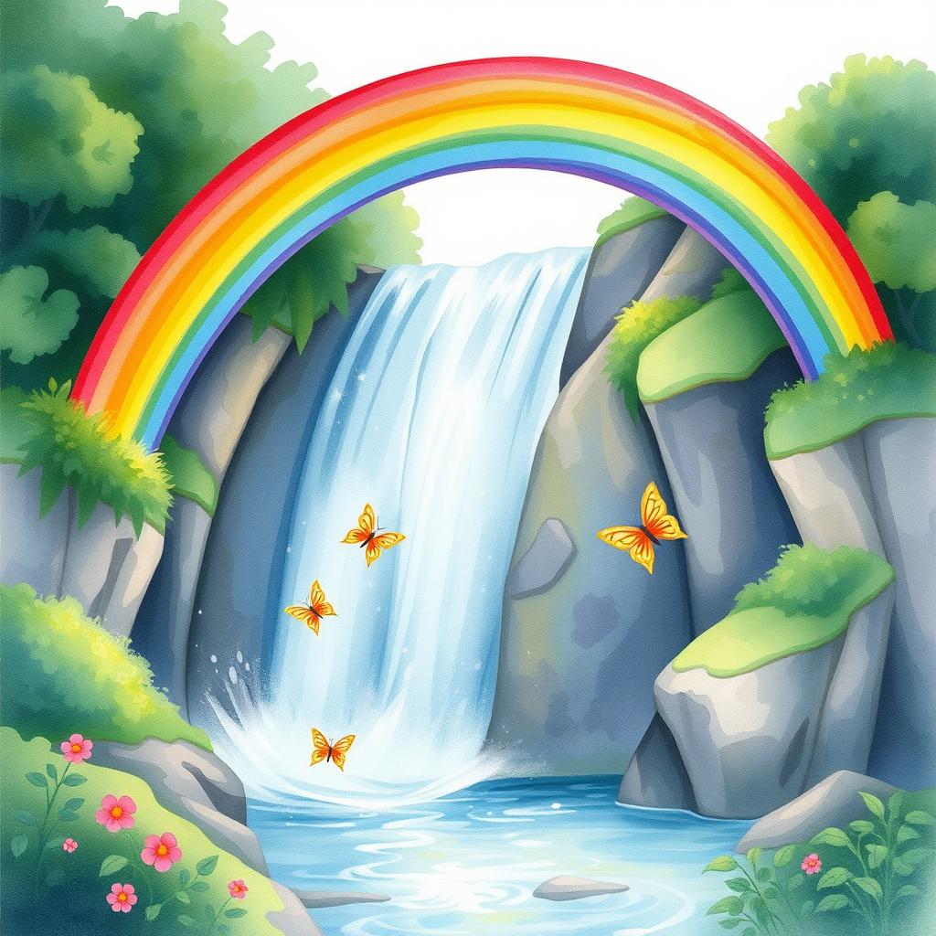 A beautiful and vibrant watercolor illustration of a rainbow arching gracefully over a cascading waterfall surrounded by lush greenery