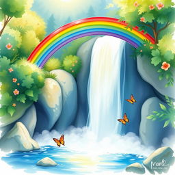 A beautiful and vibrant watercolor illustration of a rainbow arching gracefully over a cascading waterfall surrounded by lush greenery