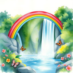 A beautiful and vibrant watercolor illustration of a rainbow arching gracefully over a cascading waterfall surrounded by lush greenery