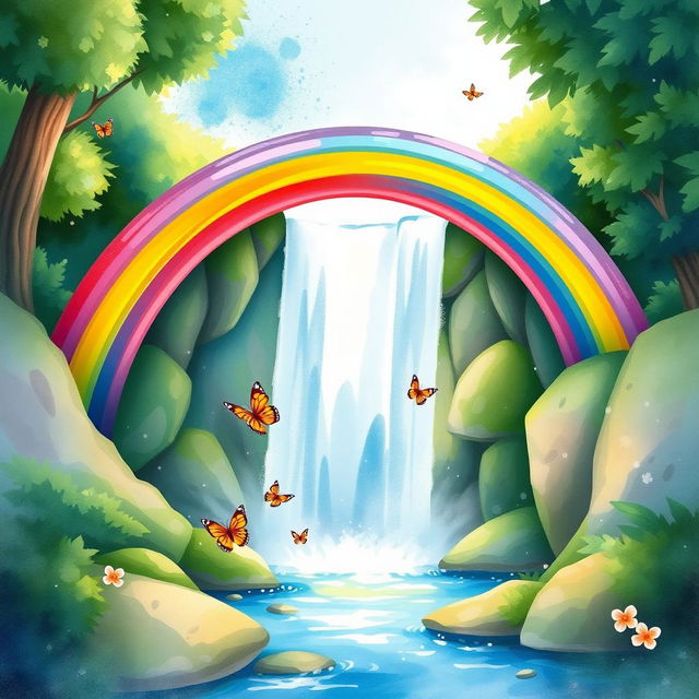 A beautiful and vibrant watercolor illustration of a rainbow arching gracefully over a cascading waterfall surrounded by lush greenery