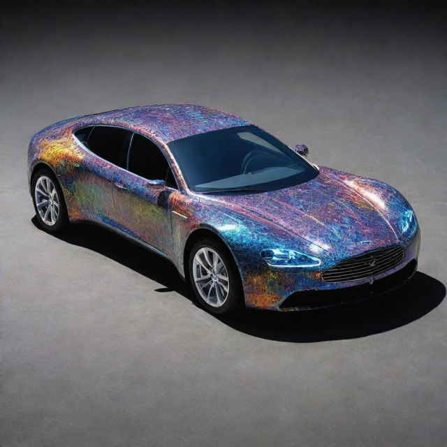 A car beyond imagination, fashioned from space-time fabric and vibrant celestial energy, with semi-transparent bodywork revealing an intricate cosmic circuitry. Its staggering price tag reflects a sum from another universe