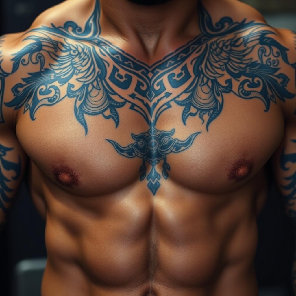 A close-up shot of a muscular male chest adorned with intricate and detailed tattoos