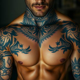 A close-up shot of a muscular male chest adorned with intricate and detailed tattoos