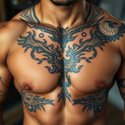 A close-up shot of a muscular male chest adorned with intricate and detailed tattoos