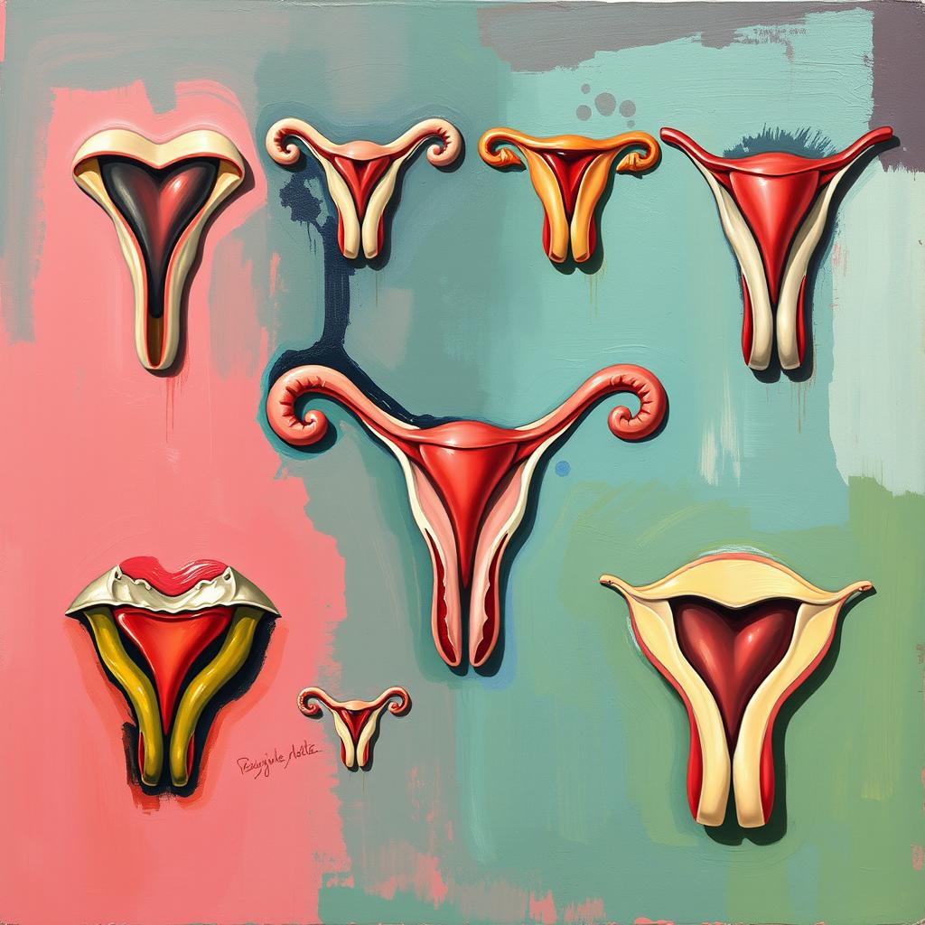 Artistic representation of various types of female genitalia in a respectful and educational manner, showcasing diversity and anatomy with abstract art elements, vibrant colors, and a focus on human beauty and individuality