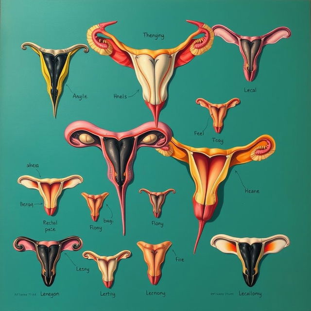 Artistic representation of various types of female genitalia in a respectful and educational manner, showcasing diversity and anatomy with abstract art elements, vibrant colors, and a focus on human beauty and individuality