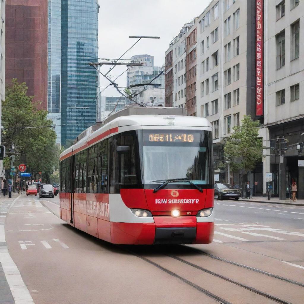 An emergency response tram in vibrant red and white colors with emergency signage, speeding down urban tracks during the day.