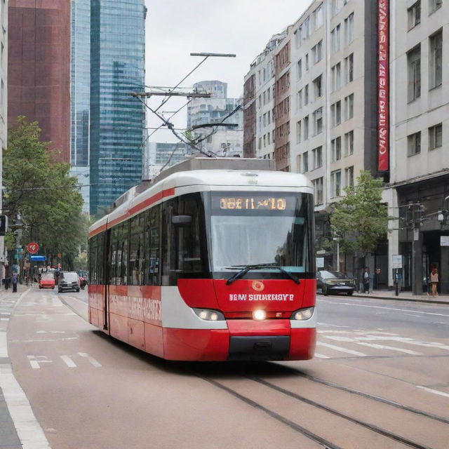 An emergency response tram in vibrant red and white colors with emergency signage, speeding down urban tracks during the day.