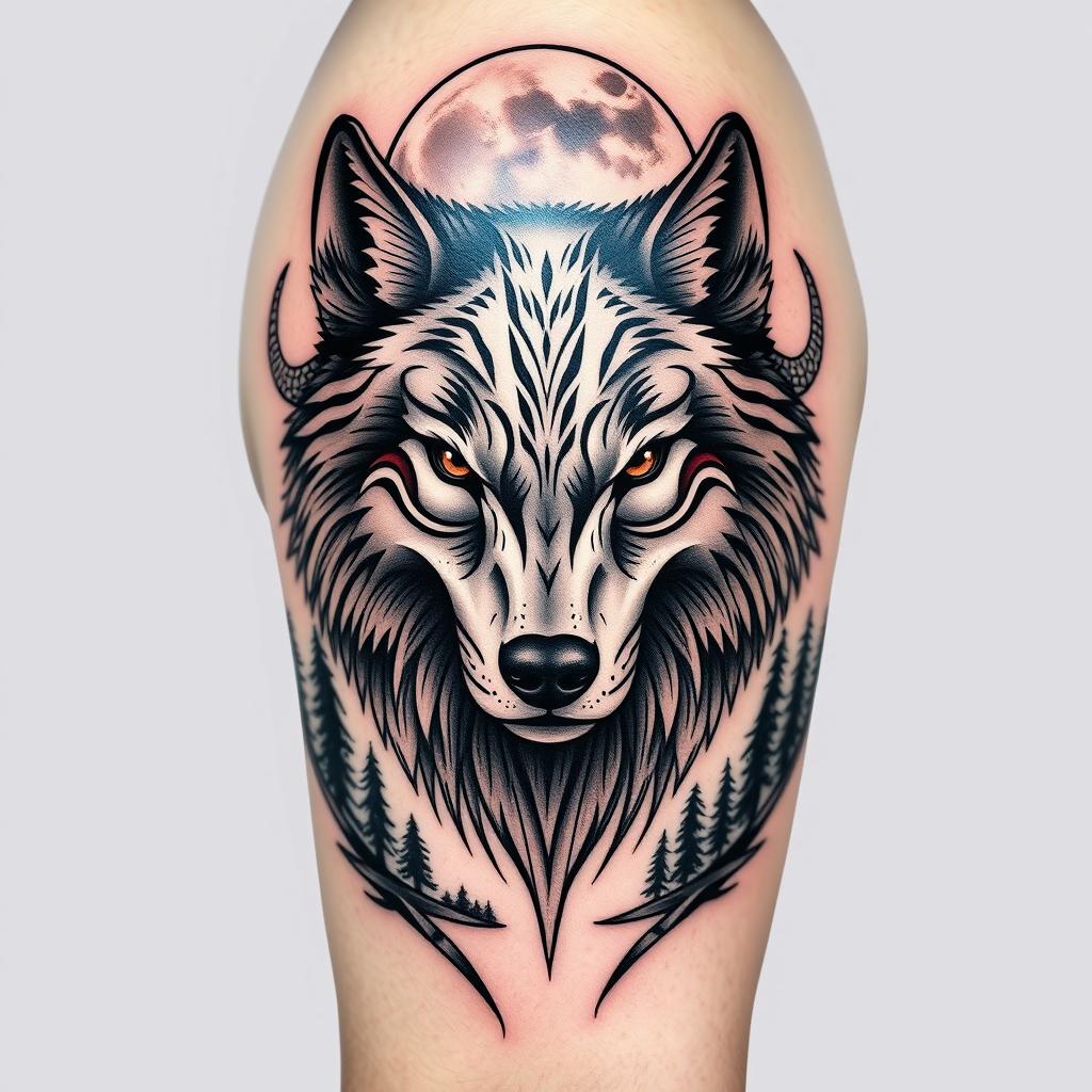 A majestic wolf tattoo design, featuring a fierce and noble wolf head with piercing eyes