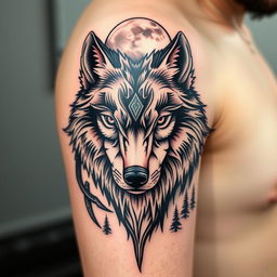 A majestic wolf tattoo design, featuring a fierce and noble wolf head with piercing eyes