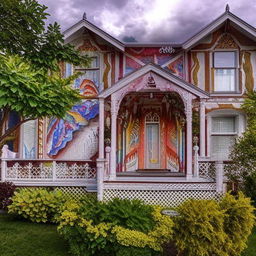 A breathtaking front view of a house with stunning, artistic paintwork