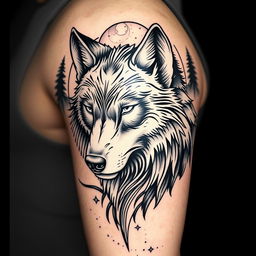 A majestic wolf tattoo design, featuring a fierce and noble wolf head with piercing eyes