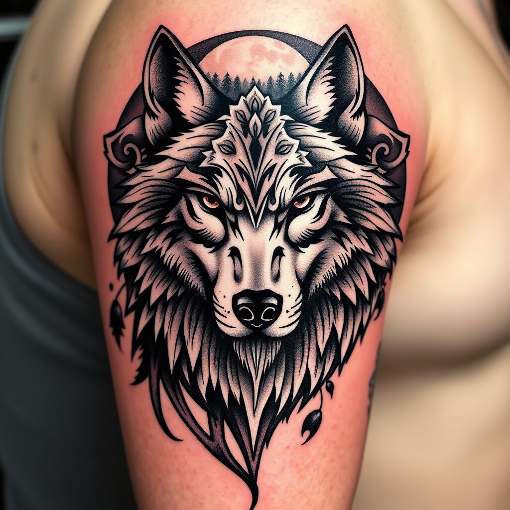 A majestic wolf tattoo design, featuring a fierce and noble wolf head with piercing eyes