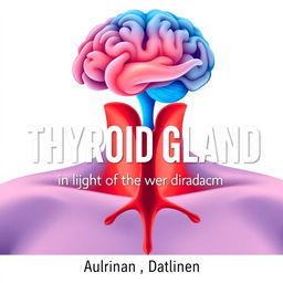 An illustration featuring an anatomical contour of the thyroid gland, depicted in red hues with four appropriate vessels on the left and right, and one below