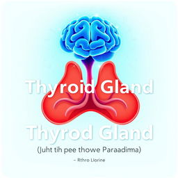 An illustration featuring an anatomical contour of the thyroid gland, depicted in red hues with four appropriate vessels on the left and right, and one below