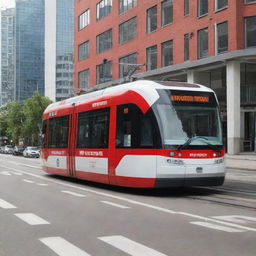 An emergency response tram in vibrant red and white colors with emergency signage, speeding down urban tracks during the day.