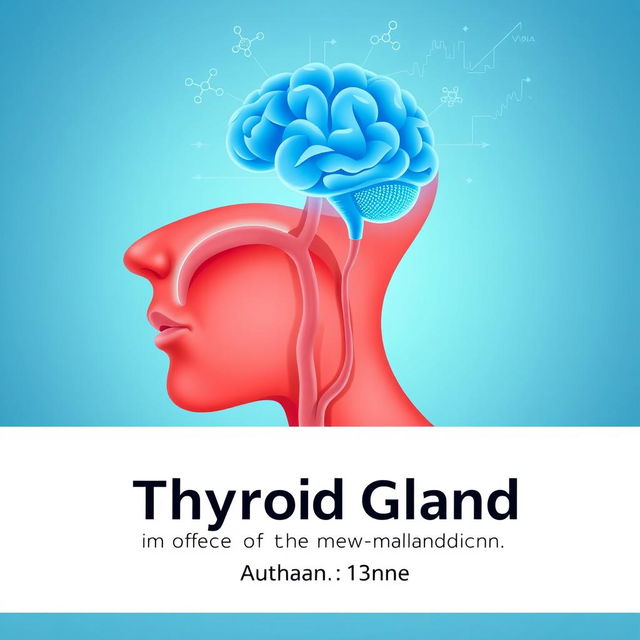 An illustration featuring an anatomical contour of the thyroid gland, depicted in red hues with four appropriate vessels on the left and right, and one below