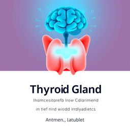 An illustration featuring an anatomical contour of the thyroid gland, depicted in red hues with four appropriate vessels on the left and right, and one below