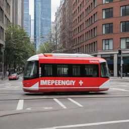 An emergency response tram in vibrant red and white colors with emergency signage, speeding down urban tracks during the day.