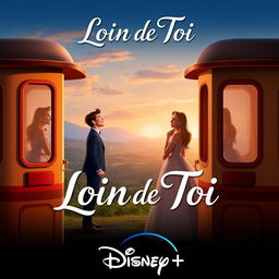 A heartwarming Disney+ movie poster featuring a couple standing on either side of a train window, looking longingly at each other