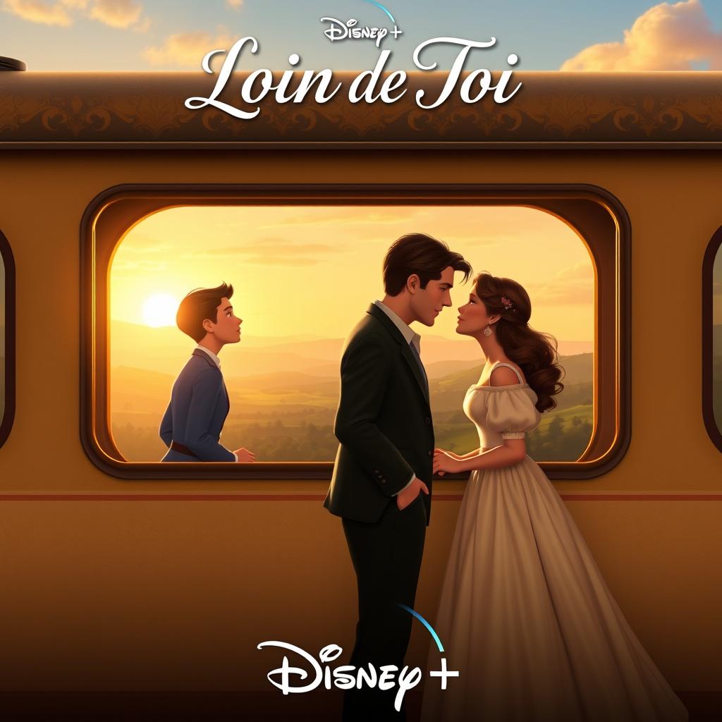 A heartwarming Disney+ movie poster featuring a couple standing on either side of a train window, looking longingly at each other