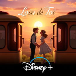 A heartwarming Disney+ movie poster featuring a couple standing on either side of a train window, looking longingly at each other