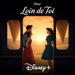 A heartwarming Disney+ movie poster featuring a couple standing on either side of a train window, looking longingly at each other