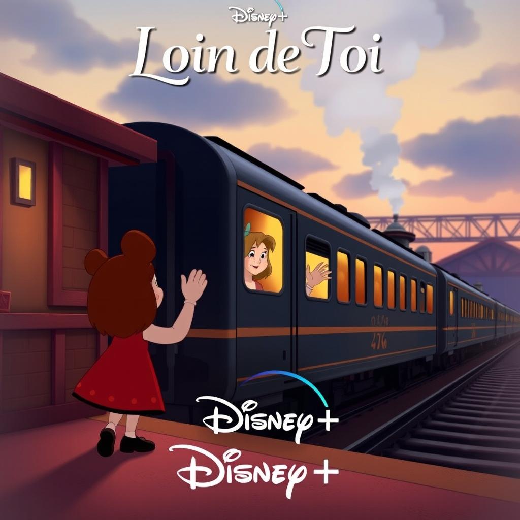 A whimsical Disney+ movie poster featuring one character standing on a train station platform, waving goodbye to another who is waving back from inside the window of a departing train