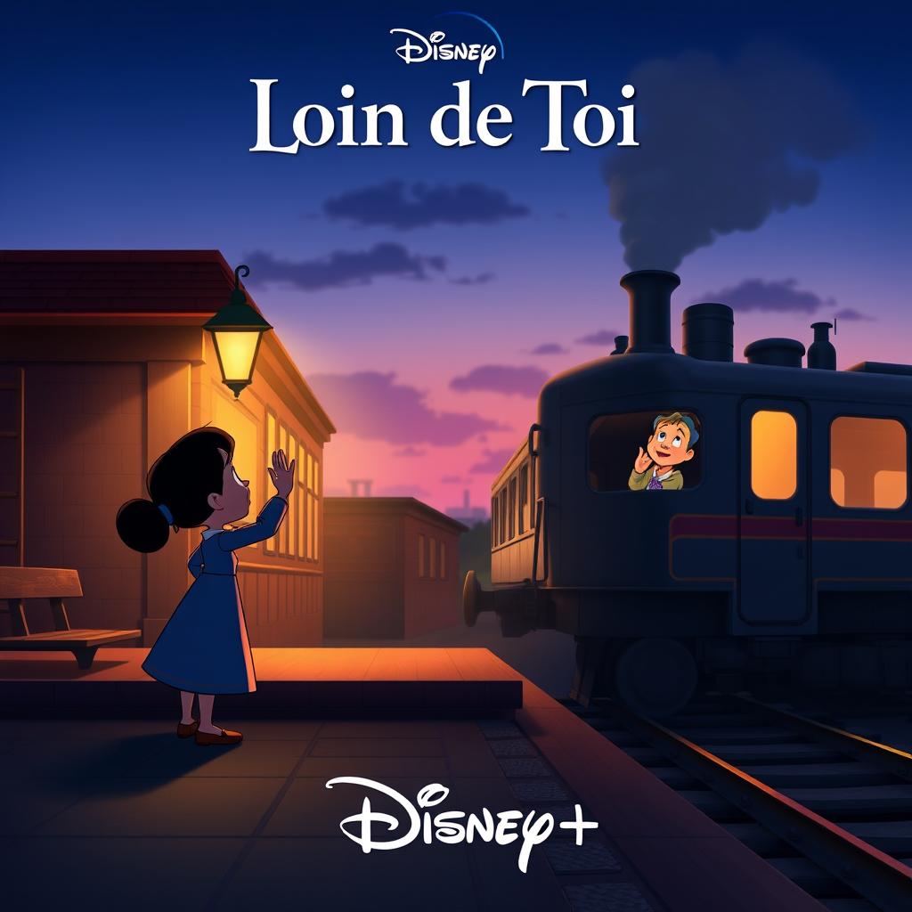 A whimsical Disney+ movie poster featuring one character standing on a train station platform, waving goodbye to another who is waving back from inside the window of a departing train