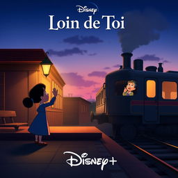 A whimsical Disney+ movie poster featuring one character standing on a train station platform, waving goodbye to another who is waving back from inside the window of a departing train