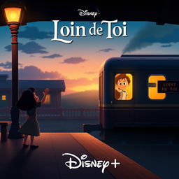 A whimsical Disney+ movie poster featuring one character standing on a train station platform, waving goodbye to another who is waving back from inside the window of a departing train