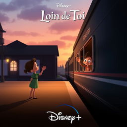 A whimsical Disney+ movie poster featuring one character standing on a train station platform, waving goodbye to another who is waving back from inside the window of a departing train