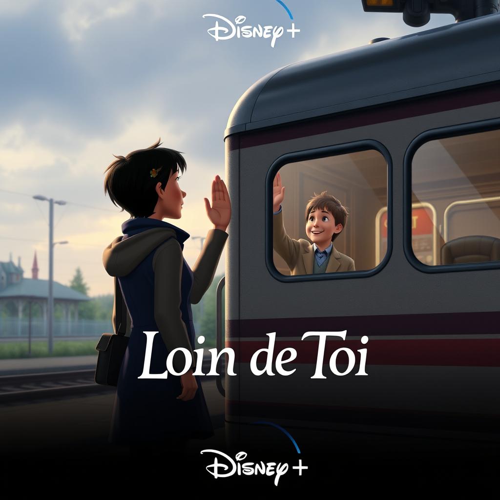 A Disney+ movie poster in a realistic style featuring one character standing on a train station platform, tears in their eyes, as they wave goodbye to another character inside a train