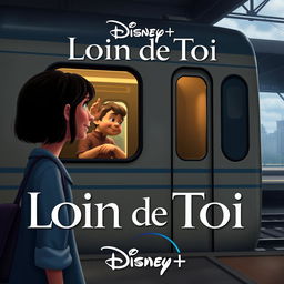 A Disney+ movie poster in a realistic style featuring one character standing on a train station platform, tears in their eyes, as they wave goodbye to another character inside a train