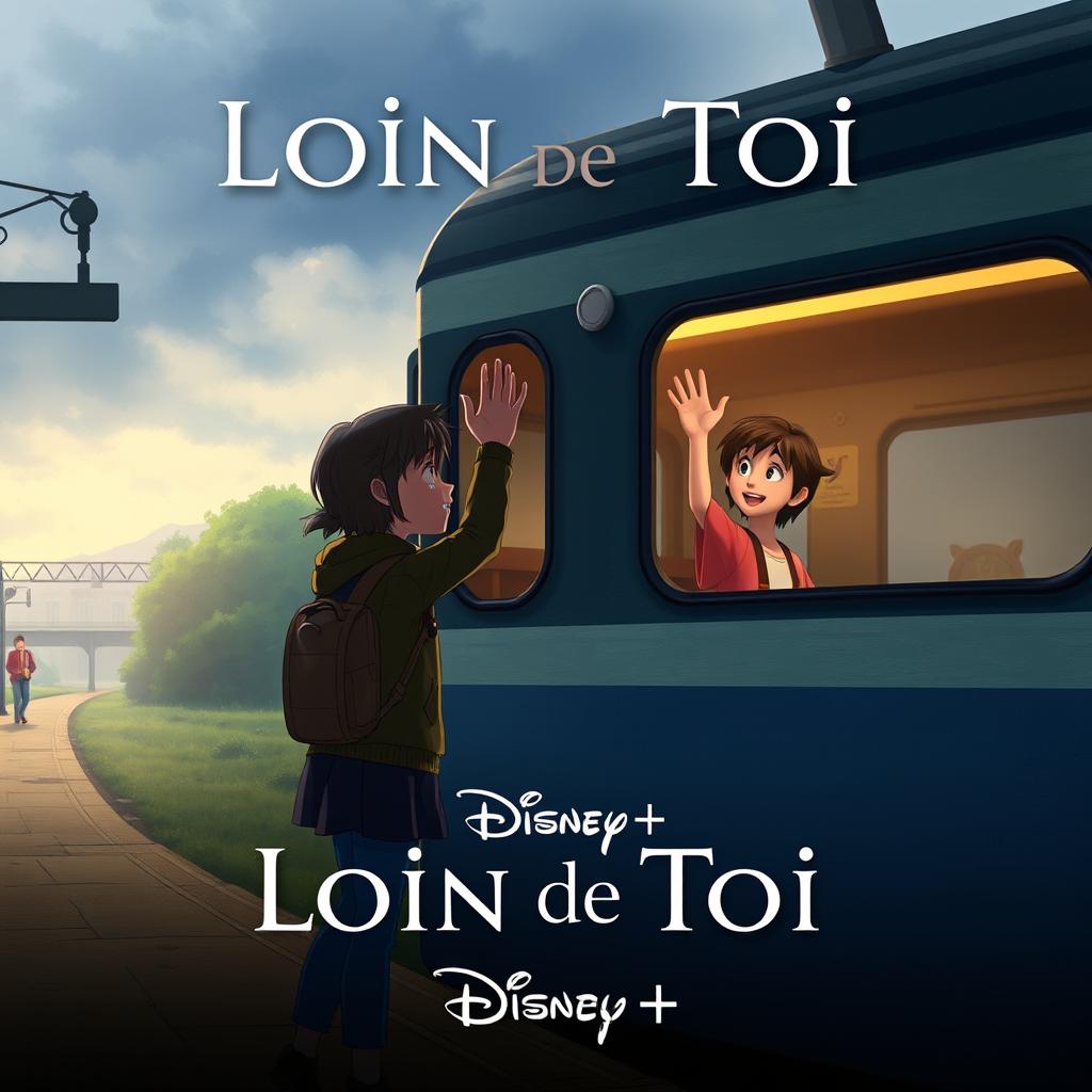 A Disney+ movie poster in a realistic style featuring one character standing on a train station platform, tears in their eyes, as they wave goodbye to another character inside a train