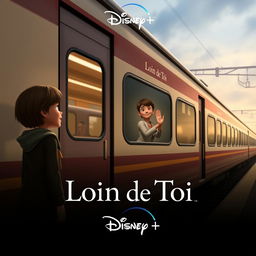 A Disney+ movie poster in a realistic style featuring one character standing on a train station platform, tears in their eyes, as they wave goodbye to another character inside a train