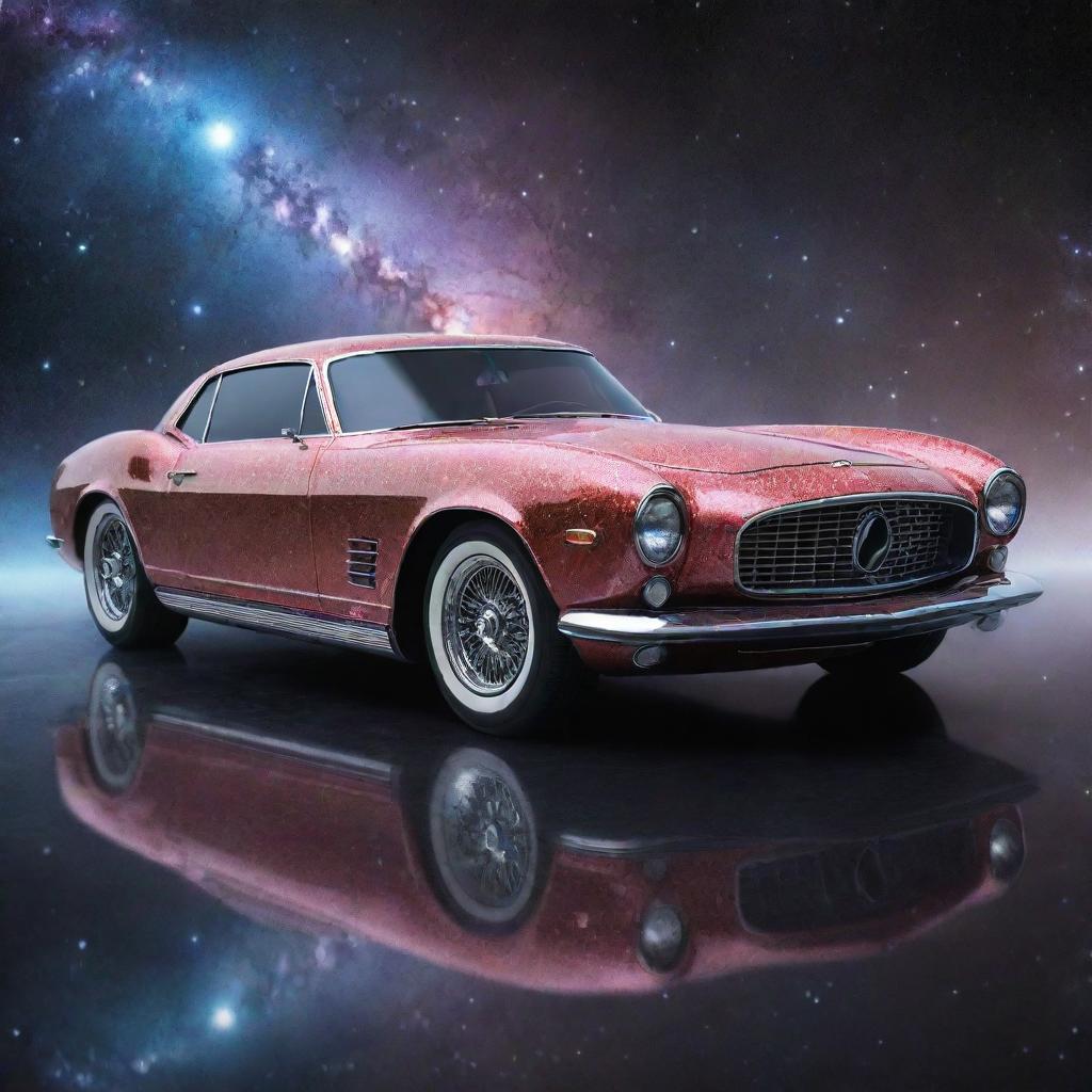 A car of cosmic creation, constructed from the essence of the universe itself, radiating with intergalactic energy, and bearing a price tag that displays a value from the realm of infinity