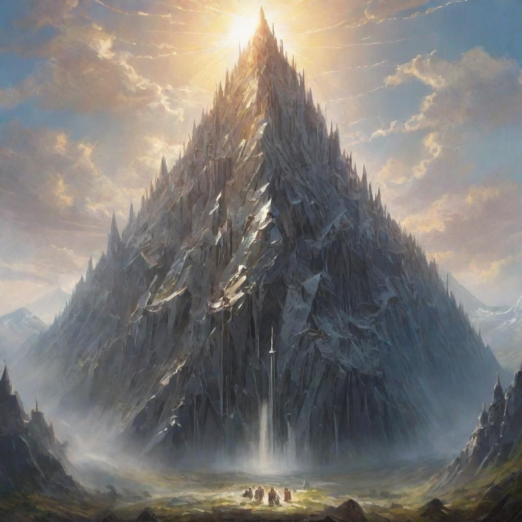 An enormous mountain created from a multitude of swords of all shapes and sizes, the steel glinting in the sunlight beneath a tranquil sky.