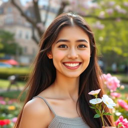 a beautiful young woman with sparkling eyes, radiating confidence and joy in her expression, standing in a scenic park with blooming flowers around her