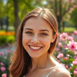 a beautiful young woman with sparkling eyes, radiating confidence and joy in her expression, standing in a scenic park with blooming flowers around her