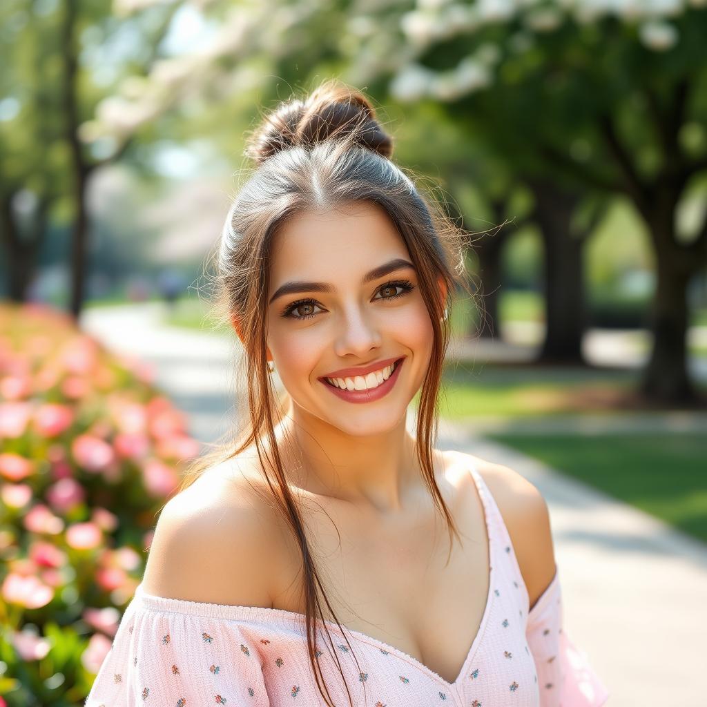 a beautiful young woman with sparkling eyes, radiating confidence and joy in her expression, standing in a scenic park with blooming flowers around her