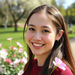 a beautiful young woman with sparkling eyes, radiating confidence and joy in her expression, standing in a scenic park with blooming flowers around her