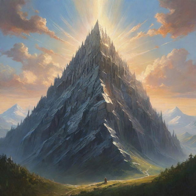 An enormous mountain created from a multitude of swords of all shapes and sizes, the steel glinting in the sunlight beneath a tranquil sky.