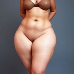 A voluptuous figure with an exaggerated anatomy focusing on gigantic hips and thighs