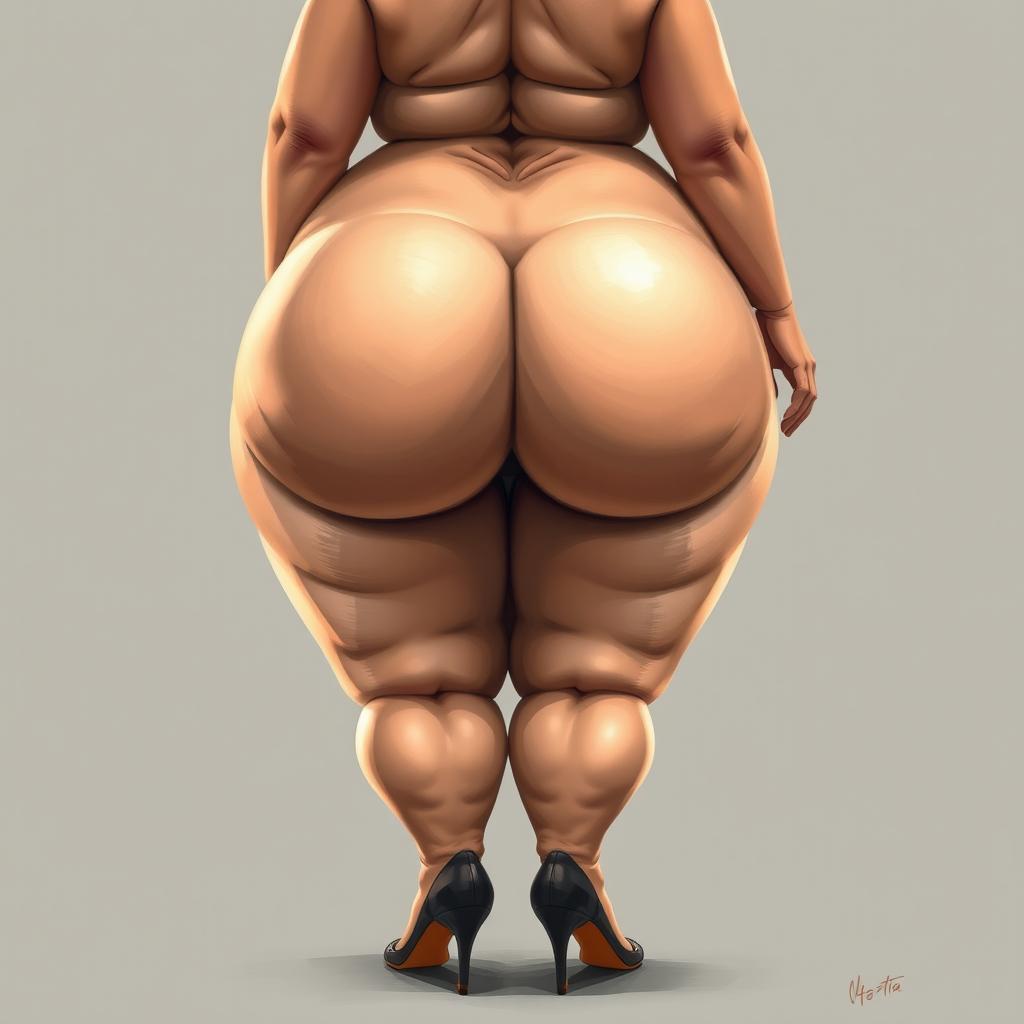 An artistic portrayal of a voluptuous character with an exaggerated figure, focusing on the back view