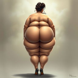 An artistic portrayal of a voluptuous character with an exaggerated figure, focusing on the back view