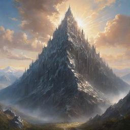 An enormous mountain created from a multitude of swords of all shapes and sizes, the steel glinting in the sunlight beneath a tranquil sky.