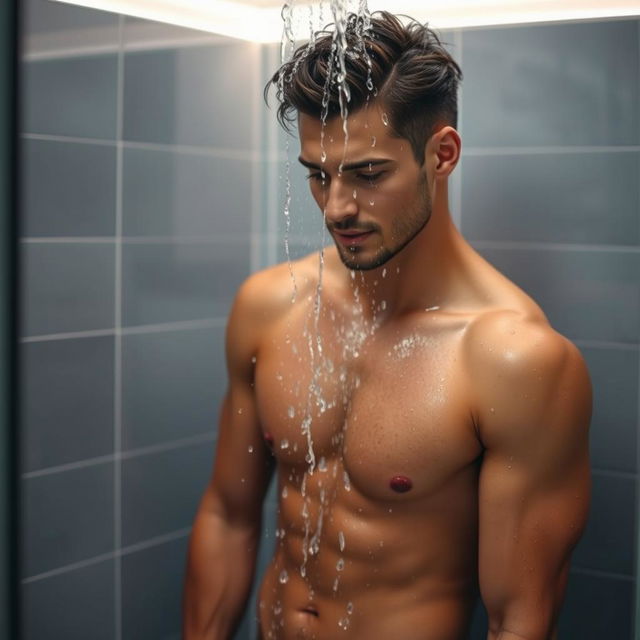 A handsome male taking a shower, water cascading down his toned physique, steam surrounding him, providing a cozy, intimate atmosphere